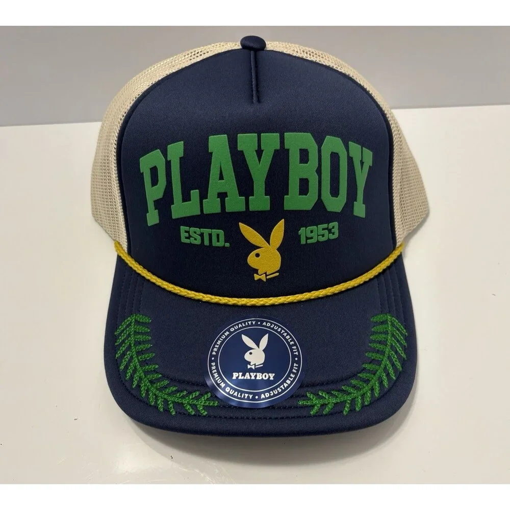 Playboy Foam Trucker Snapback Hat Blue Green Tan Embroidery Bunny Logo Cap